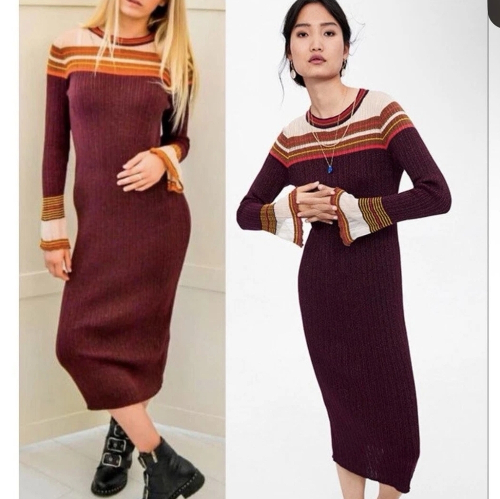 Zara Ribbed Knit Burgundy Gold Shimmer Midi Sweater Dress Metallic Bell Sleeves